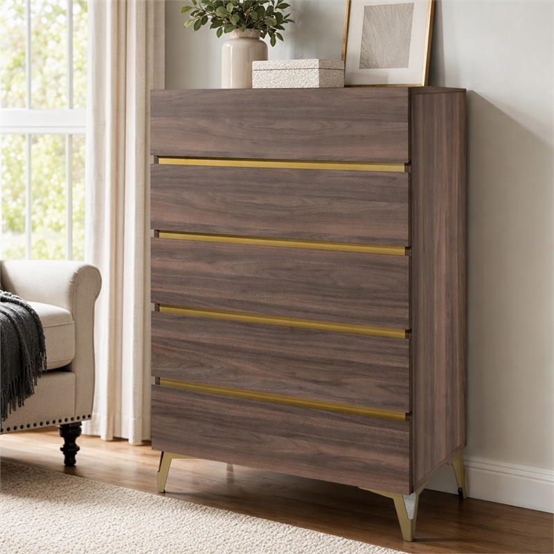 Pemberly Row Modern 5-Drawer Wood Laminate Chest in Walnut/Antique Brass