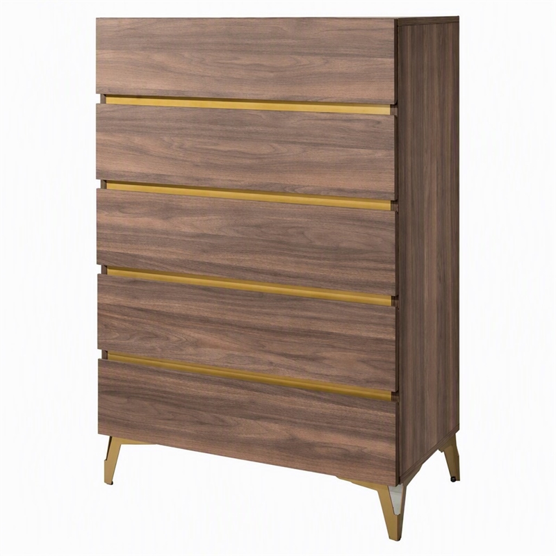 Pemberly Row Modern 5-Drawer Wood Laminate Chest in Walnut/Antique Brass