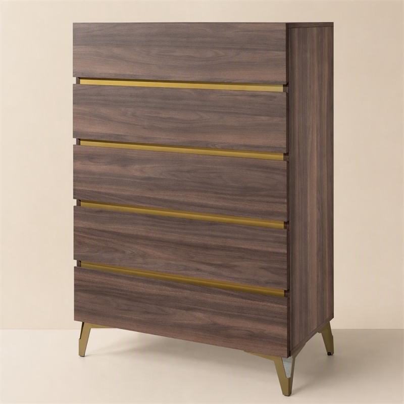 Pemberly Row Modern 5-Drawer Wood Laminate Chest in Walnut/Antique Brass