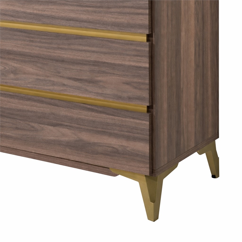 Pemberly Row Modern 5-Drawer Wood Laminate Chest in Walnut/Antique Brass
