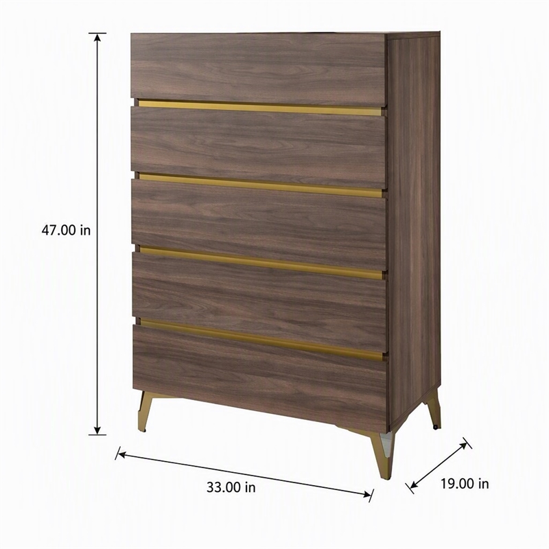 Pemberly Row Modern 5-Drawer Wood Laminate Chest in Walnut/Antique Brass