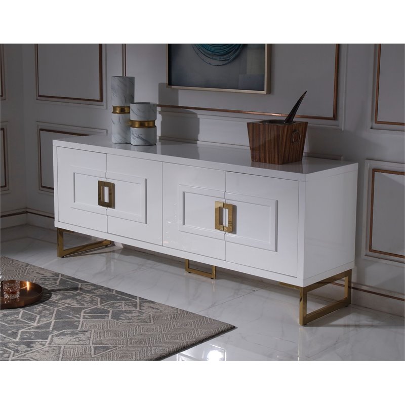 Pemberly Row MDF Wood Buffet in High Gloss White & Champagne Gold