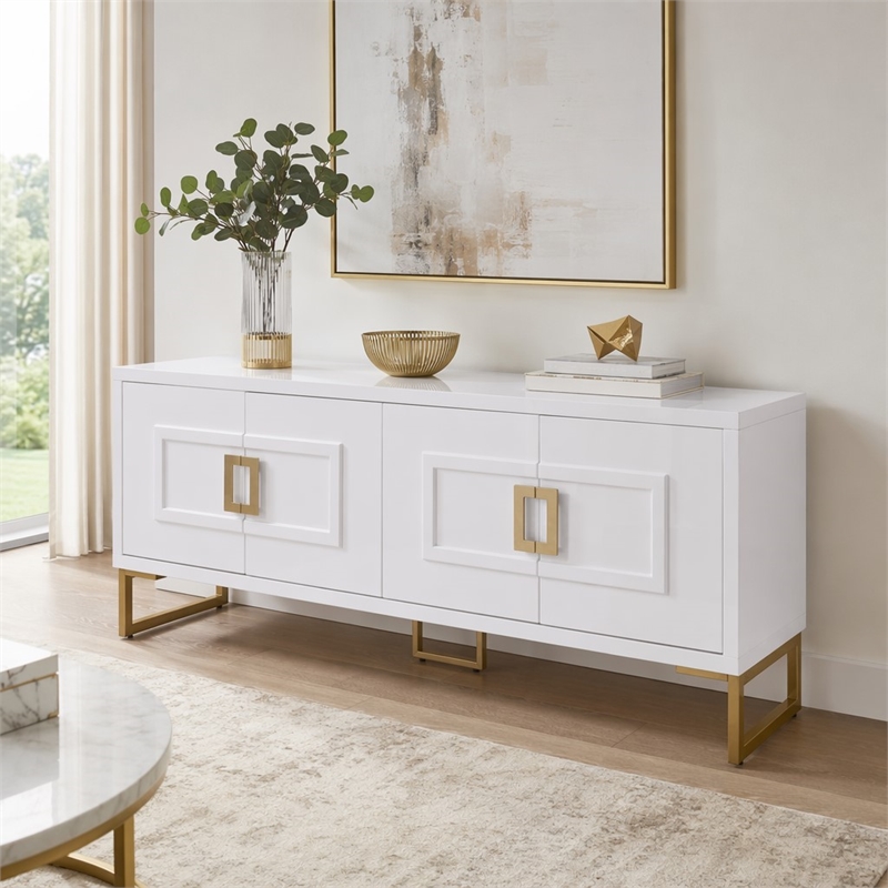 Pemberly Row MDF Wood Buffet in High Gloss White & Champagne Gold
