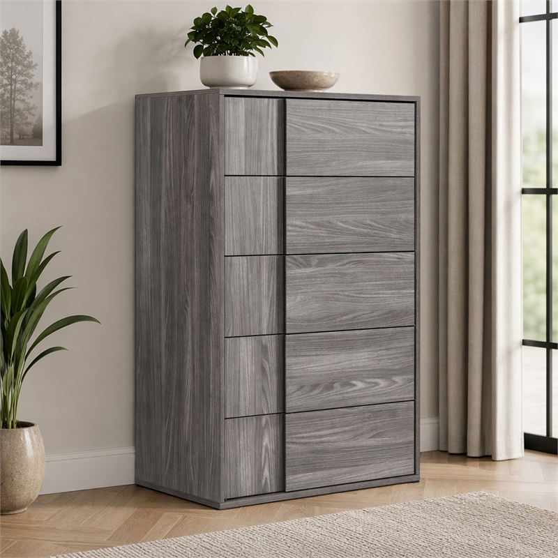 Pemberly Row 5-Drawer Modern MDF Chest in Matte Elm Gray Finish