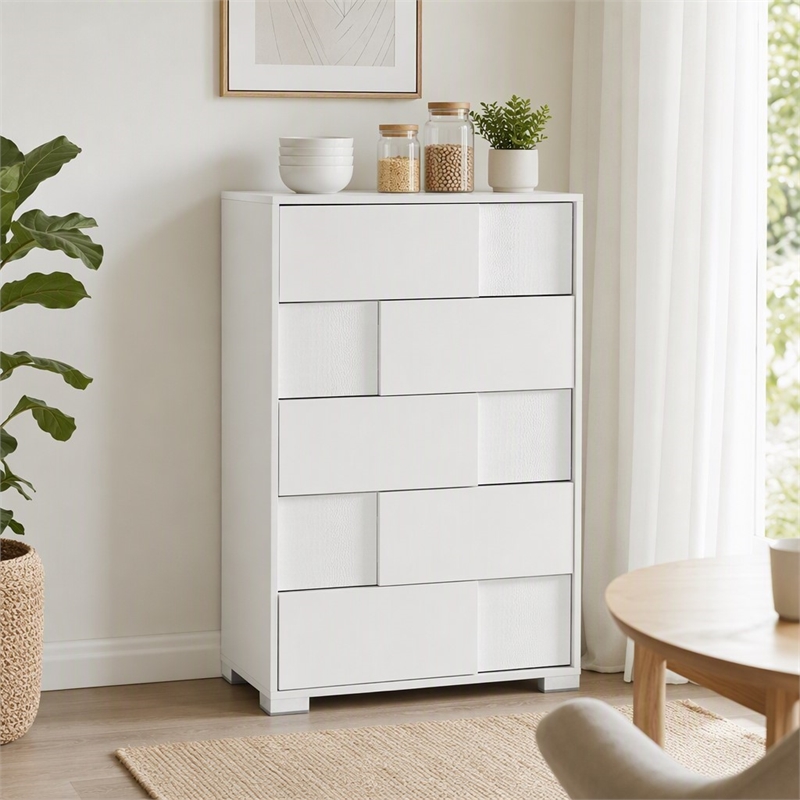 Pemberly Row 5-Drawer Modern Chest in White Gloss with Metal Legs