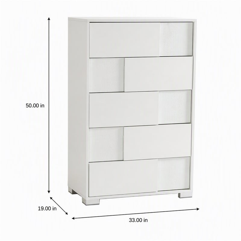 Pemberly Row 5-Drawer Modern Chest in White Gloss with Metal Legs