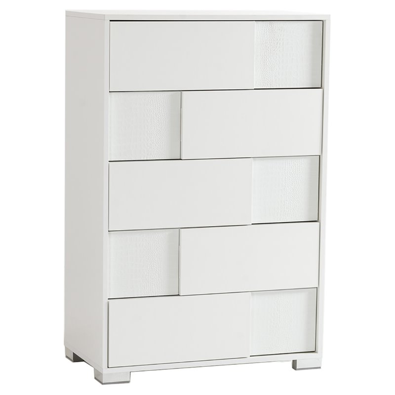 Pemberly Row 5-Drawer Modern Chest in White Gloss with Metal Legs