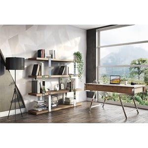 Pemberly Row Modern 4-Shelves Bookshelf in Walnut Veneer and Glass