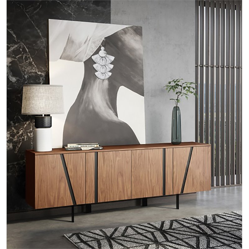 Pemberly Row Modern Stainless Steel and Wood Veneer Buffet in Walnut and Black