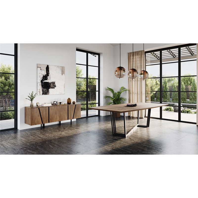 Pemberly Row Modern Stainless Steel and Wood Veneer Buffet in Walnut and Black