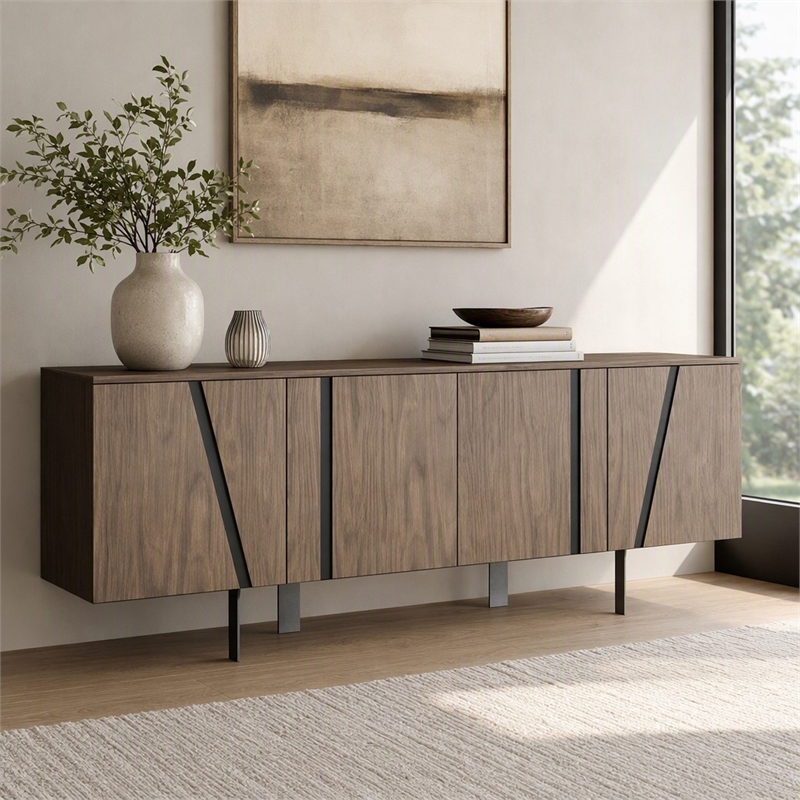 Pemberly Row Modern Stainless Steel and Wood Veneer Buffet in Walnut and Black