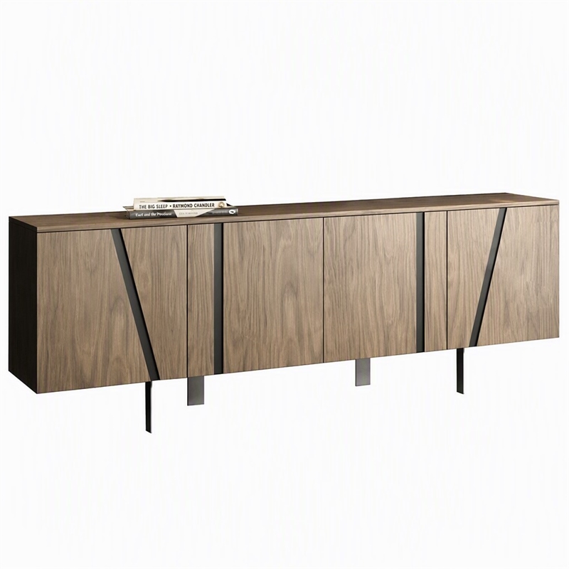 Pemberly Row Modern Stainless Steel and Wood Veneer Buffet in Walnut and Black