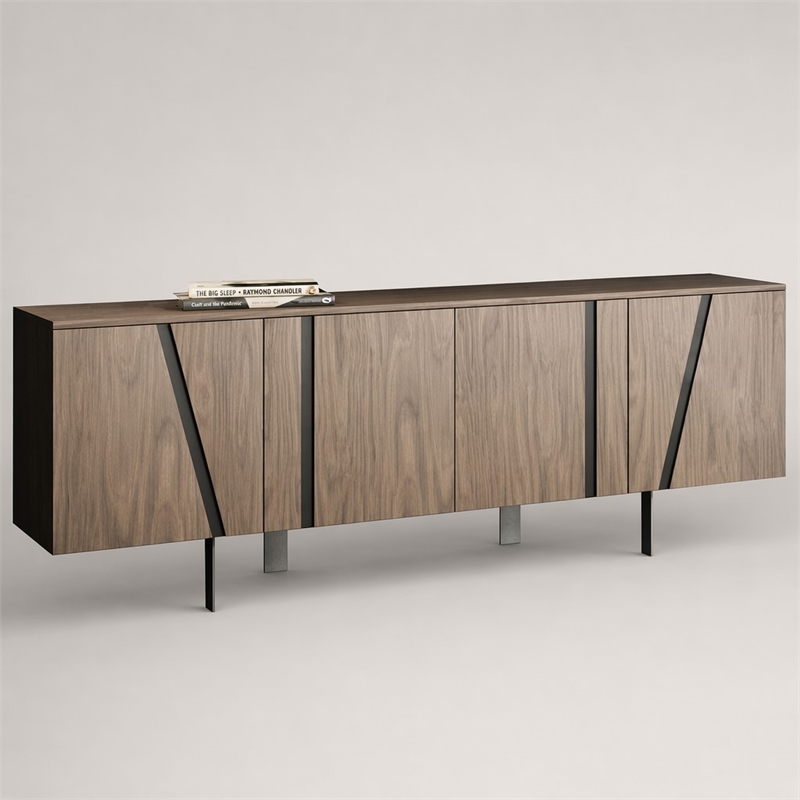 Pemberly Row Modern Stainless Steel and Wood Veneer Buffet in Walnut and Black