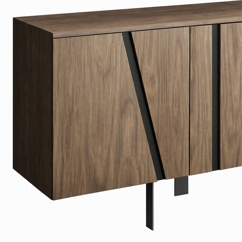 Pemberly Row Modern Stainless Steel and Wood Veneer Buffet in Walnut and Black