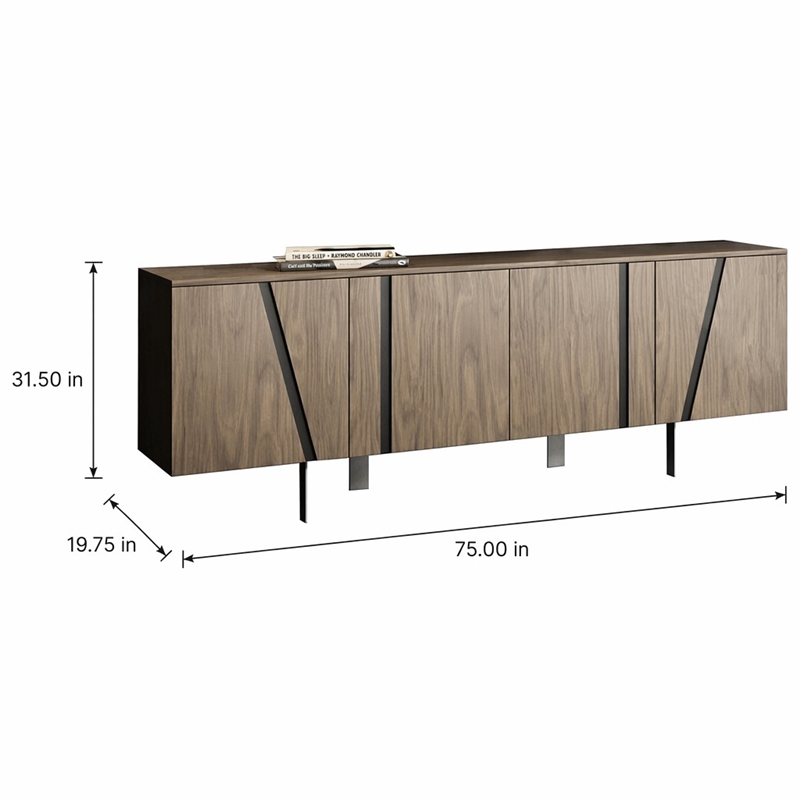 Pemberly Row Modern Stainless Steel and Wood Veneer Buffet in Walnut and Black