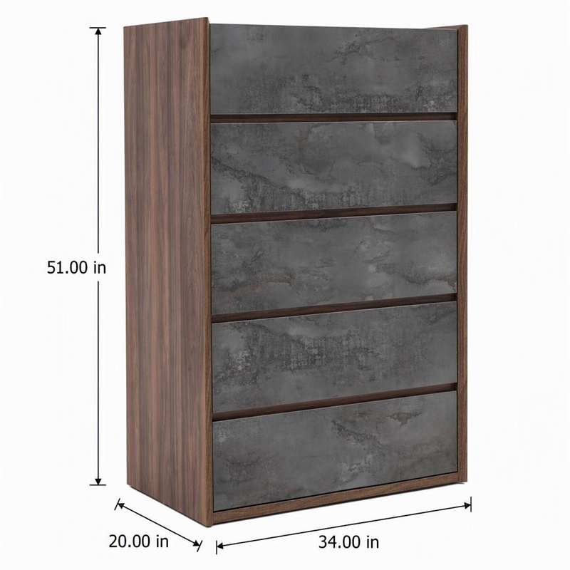 Pemberly Row 5-Drawer Soft Closing Wood Veneer Chest in Gray and Walnut