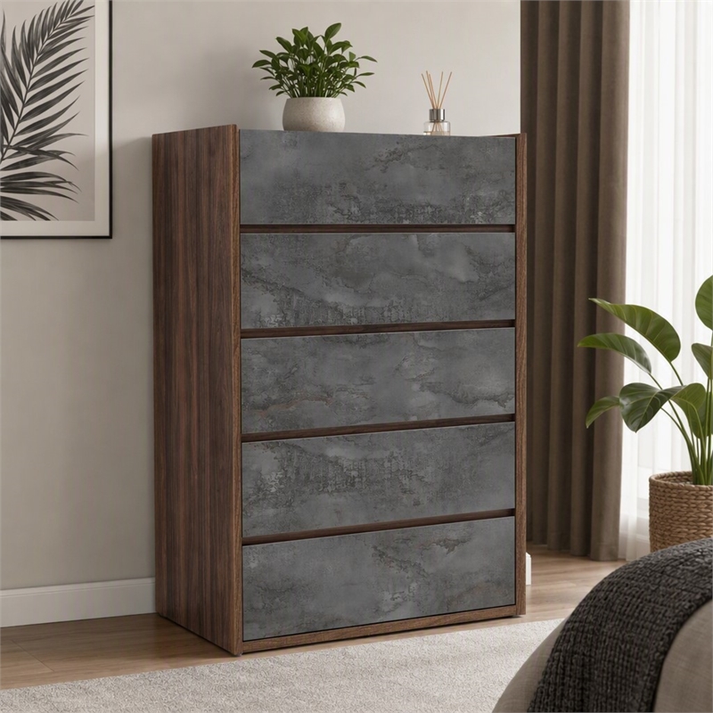 Pemberly Row 5-Drawer Soft Closing Wood Veneer Chest in Gray and Walnut