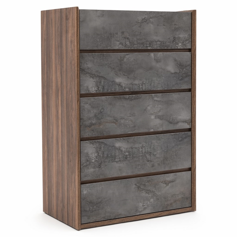 Pemberly Row 5-Drawer Soft Closing Wood Veneer Chest in Gray and Walnut