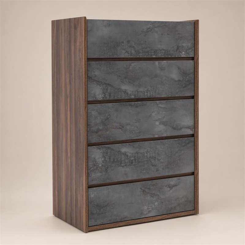 Pemberly Row 5-Drawer Soft Closing Wood Veneer Chest in Gray and Walnut
