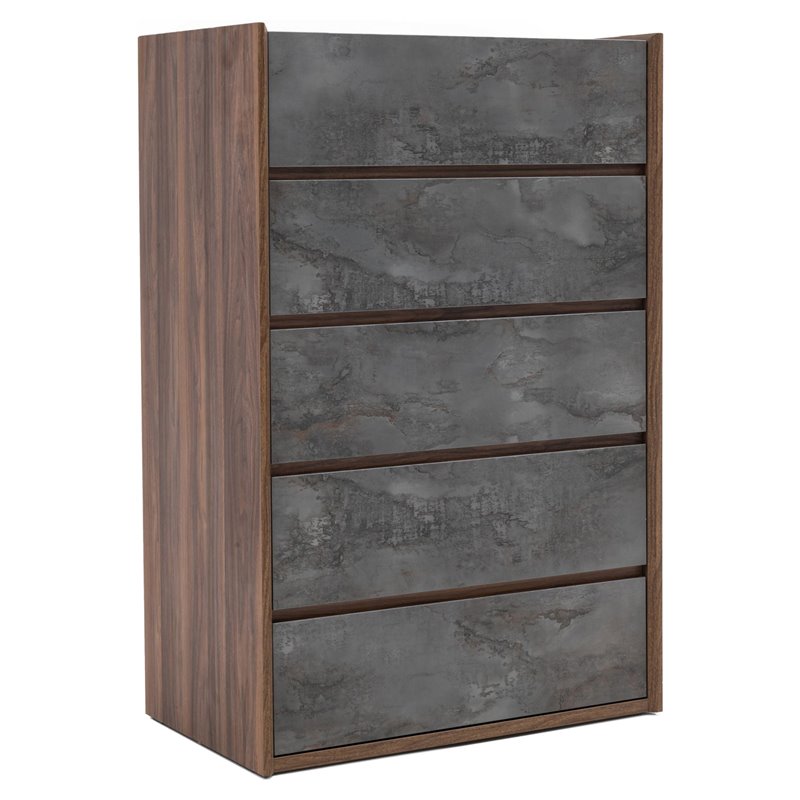 Pemberly Row 5-Drawer Soft Closing Wood Veneer Chest in Gray and Walnut