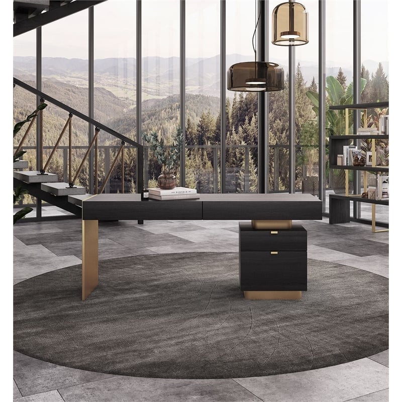 Pemberly Row Office Desk Grey Elm Veneer Gold Metal 4-Drawer Design