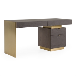 Pemberly Row Office Desk Grey Elm Veneer Gold Metal 4-Drawer Design