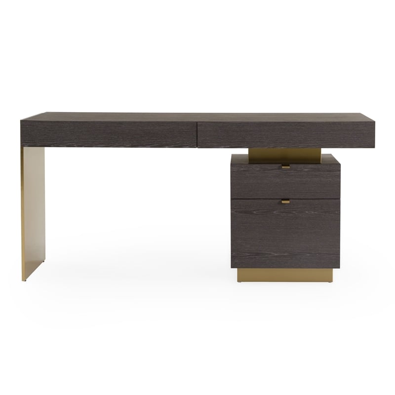 Pemberly Row Office Desk Grey Elm Veneer Gold Metal 4-Drawer Design