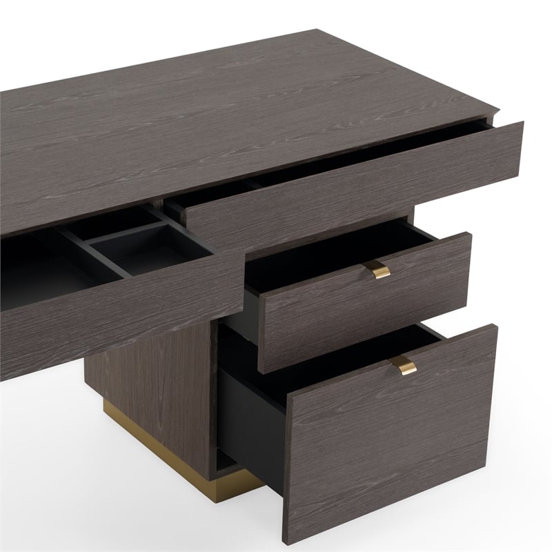 Pemberly Row Office Desk Grey Elm Veneer Gold Metal 4-Drawer Design