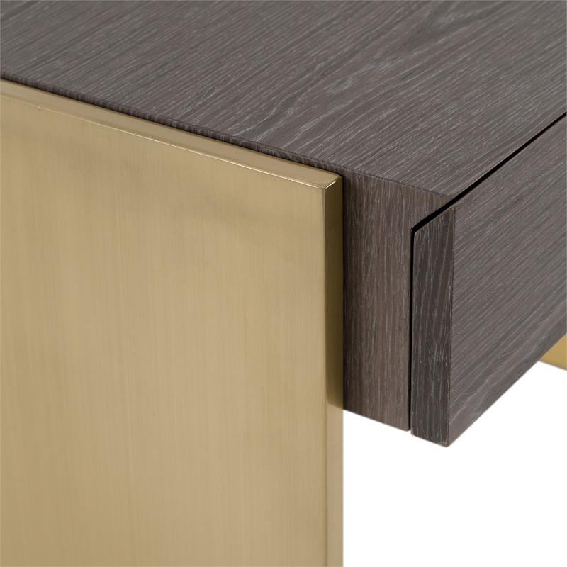 Pemberly Row Office Desk Grey Elm Veneer Gold Metal 4-Drawer Design