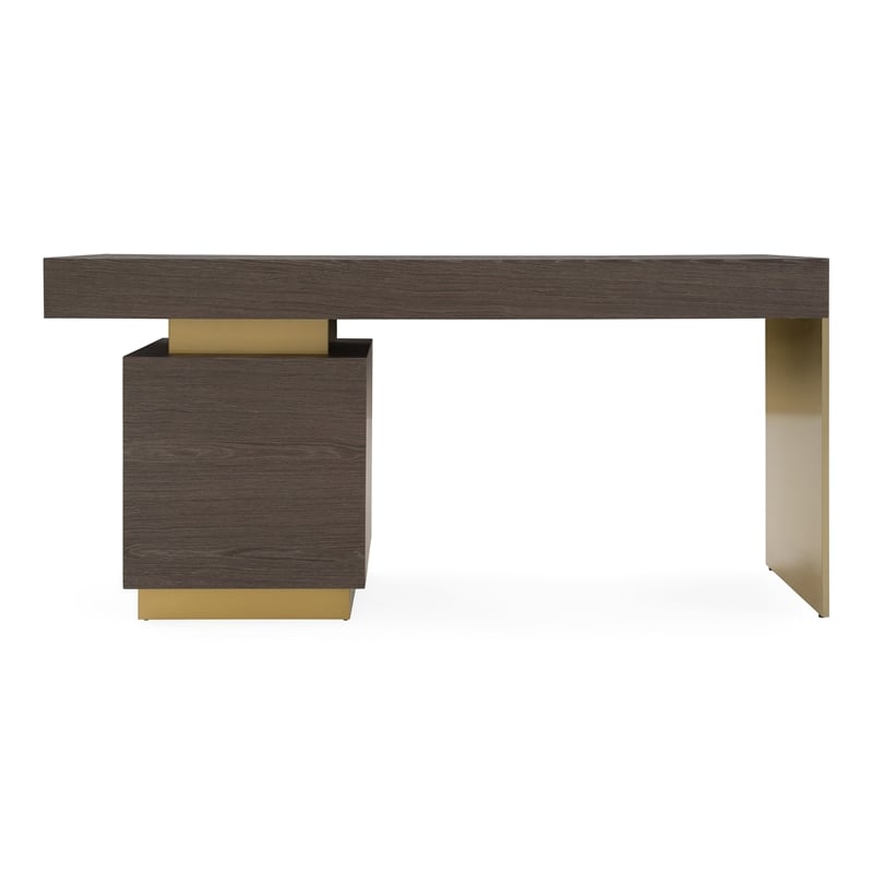 Pemberly Row Office Desk Grey Elm Veneer Gold Metal 4-Drawer Design