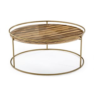 Pemberly Row Round Faux Marble Coffee Table in Brown and Gold