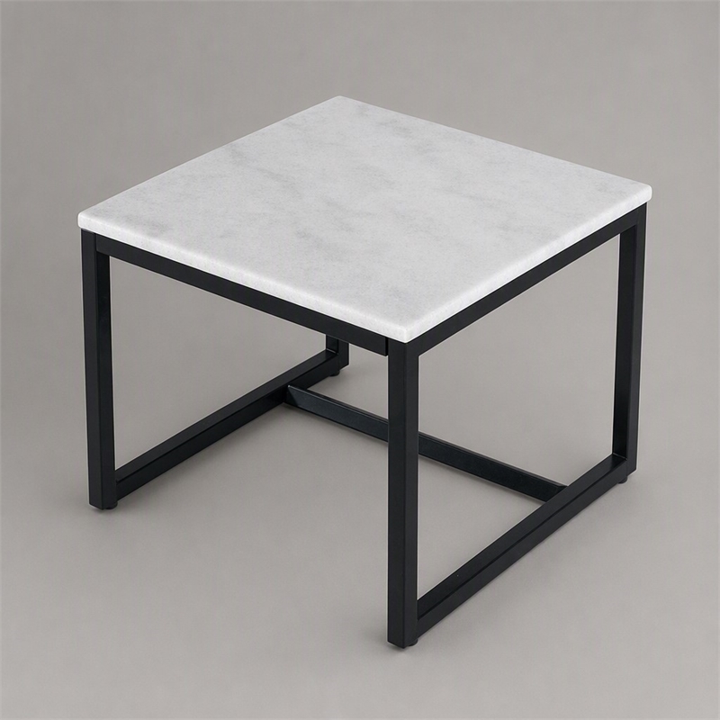 Pemberly Row Square Contemporary Marble End Table in Black and White