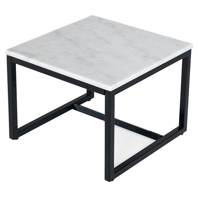 Pemberly Row Square Contemporary Marble End Table in Black and White