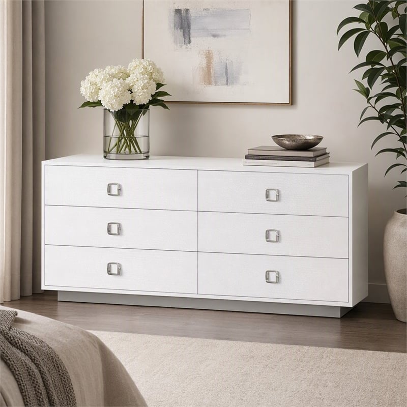 Pemberly Row 6-Drawer MDF Wood Dresser in White High Gloss