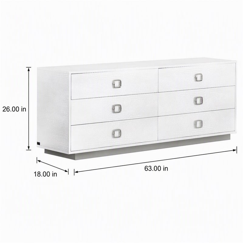 Pemberly Row 6-Drawer MDF Wood Dresser in White High Gloss