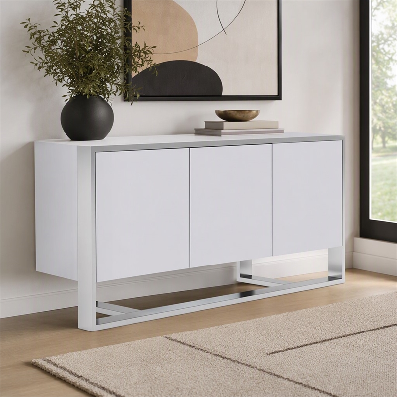 Pemberly Row Modern Buffet in White Glossy Stainless Steel Finish