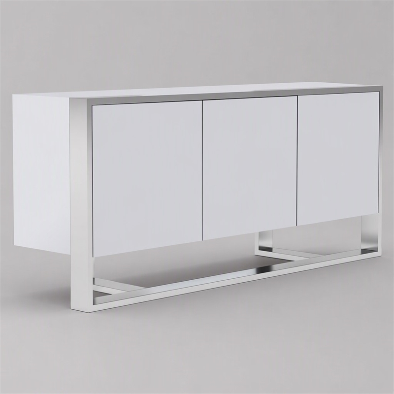Pemberly Row Modern Buffet in White Glossy Stainless Steel Finish