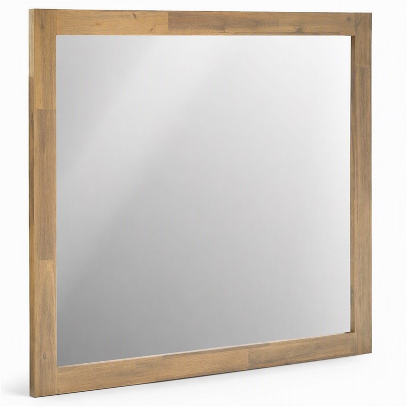Pemberly Row Solid Acacia Wood Frame Mirror in Light Walnut Finish