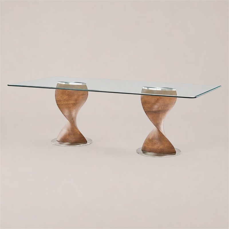 Pemberly Row Solid Wood and Glass Dining Table in Walnut and Clear Finish