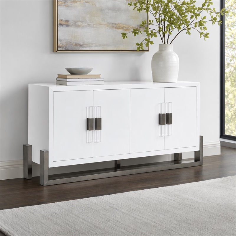 Pemberly Row Modern Buffet with High Gloss Finish and Stainless Steel Legs