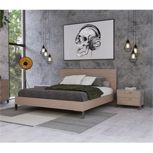 Pemberly Row Eastern King Bed in Brown Oak with Stainless Steel Legs