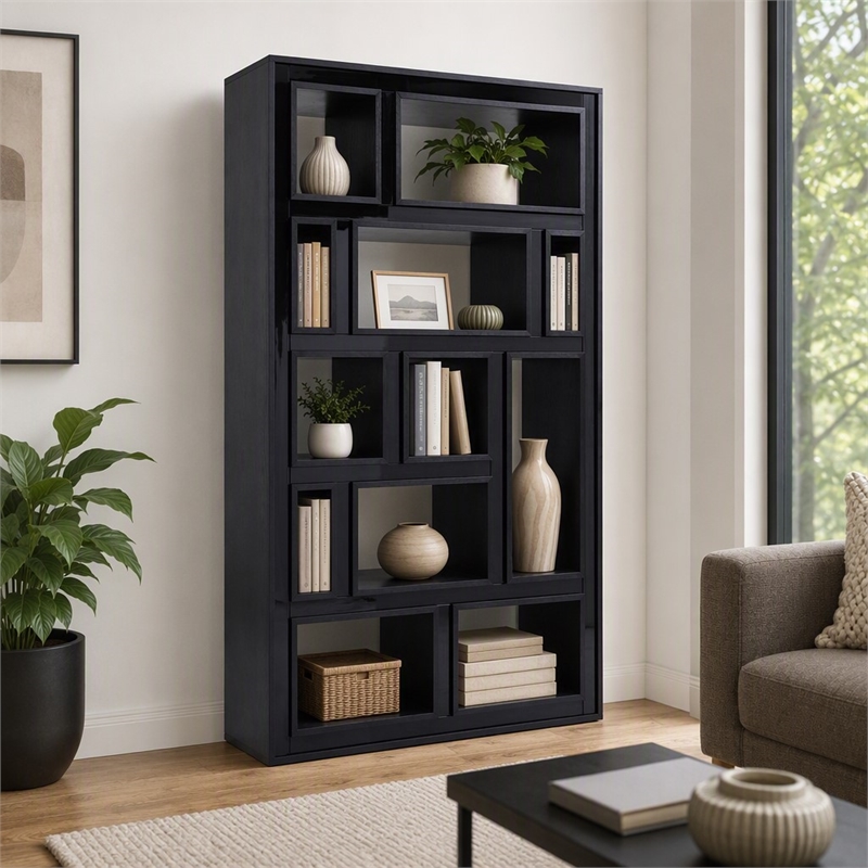 Pemberly Row Contemporary 12-Shelf Ash Black Wood Veneer Bookcase