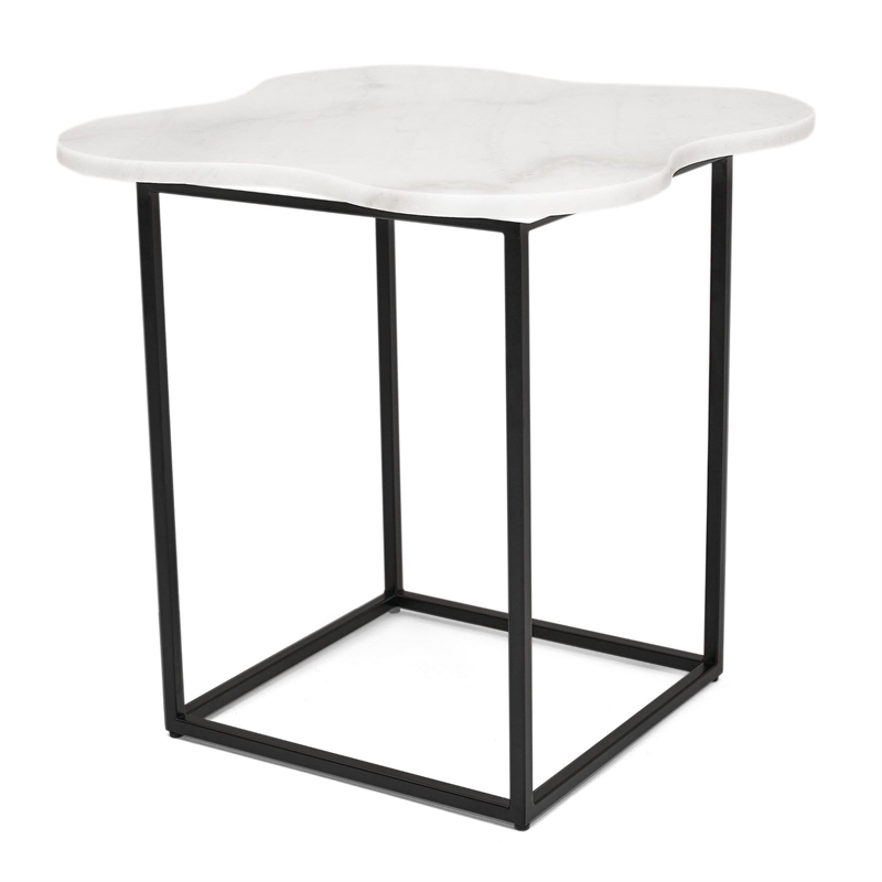 Pemberly Row Square Marble Top Metal End Table in Black/White Finish