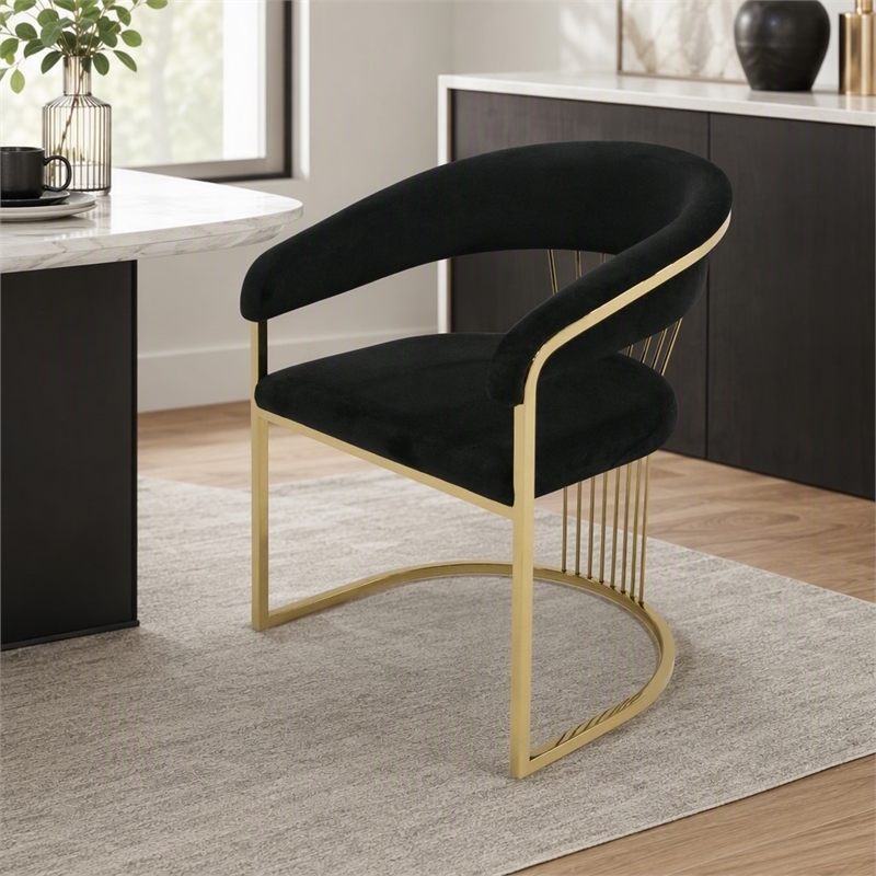 Pemberly Row Upholstered Velvet Dining Chair with Gold Legs in Black