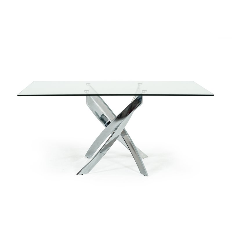 Pemberly Row Rectangular Metal & Glass Dining Table in Silver/Clear