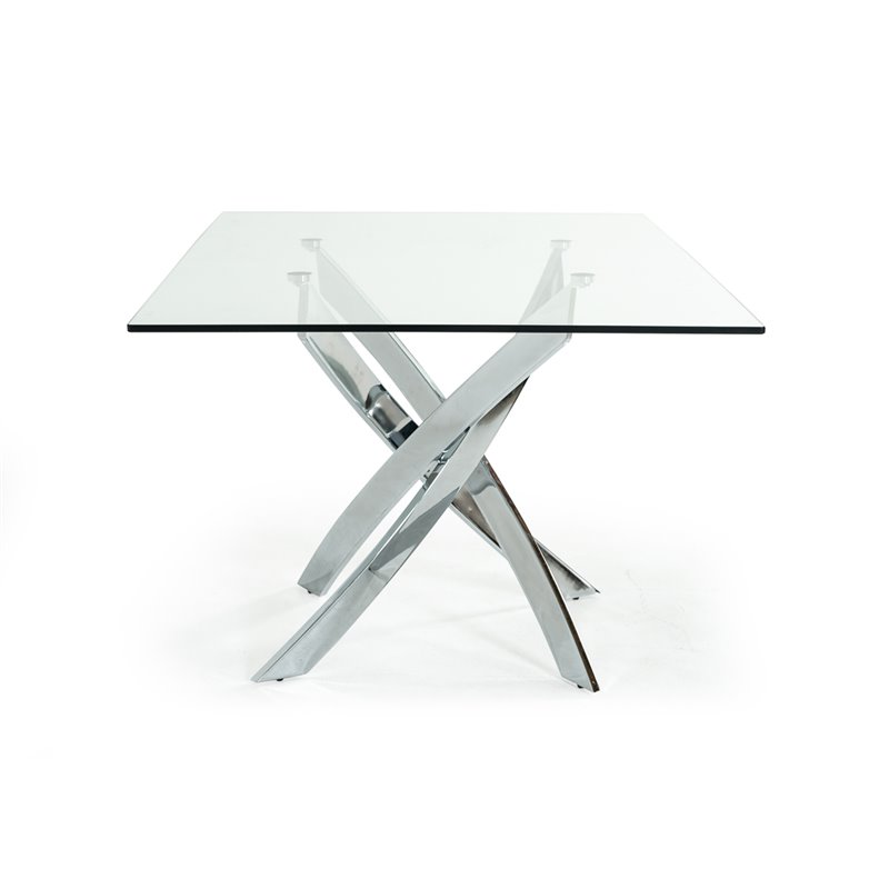 Pemberly Row Rectangular Metal & Glass Dining Table in Silver/Clear