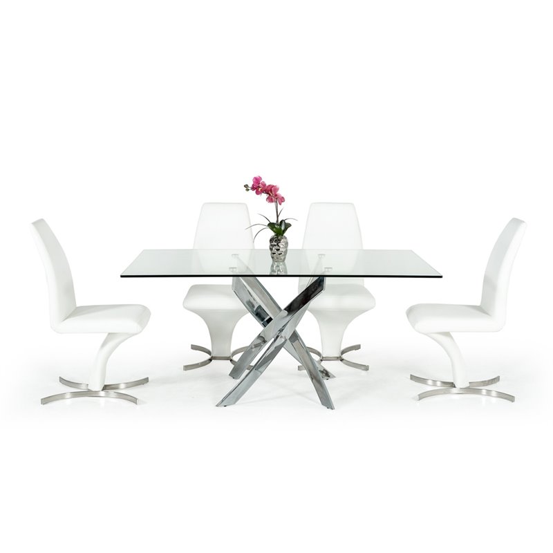 Pemberly Row Rectangular Metal & Glass Dining Table in Silver/Clear