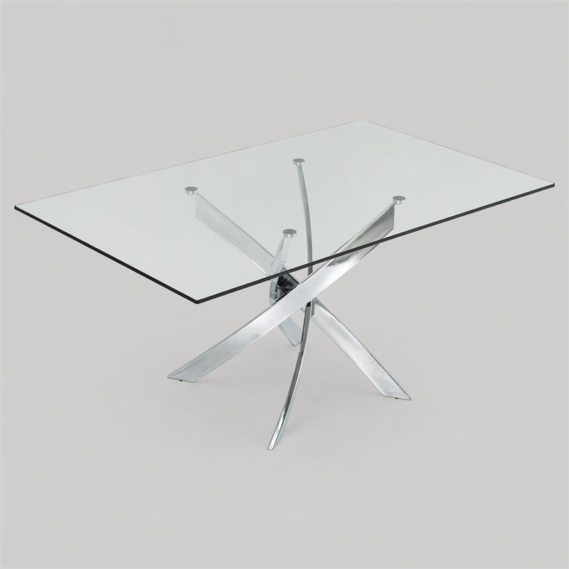 Pemberly Row Rectangular Metal & Glass Dining Table in Silver/Clear