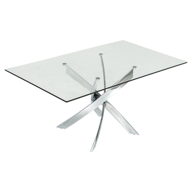Pemberly Row Rectangular Metal & Glass Dining Table in Silver/Clear