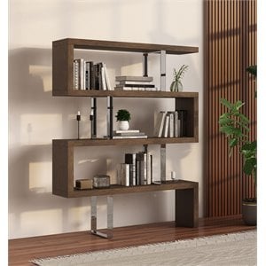 Pemberly Row Modern Wood & Stainless Steel Bookcase in Walnut Finish